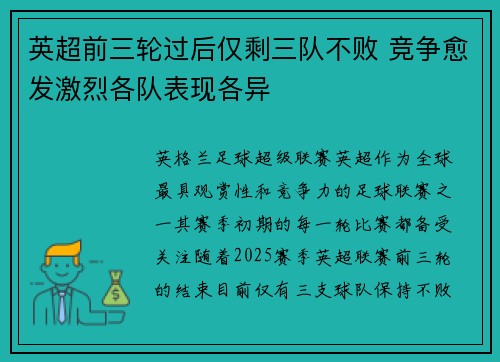 英超前三轮过后仅剩三队不败 竞争愈发激烈各队表现各异